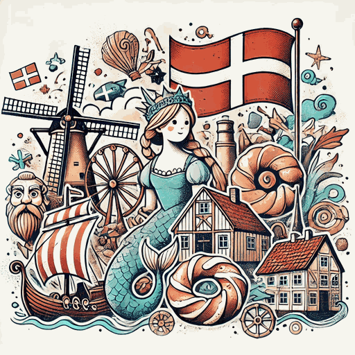 Danish culture illustration: the Little Mermaid, a Viking ship, a windmill and the Danish flag